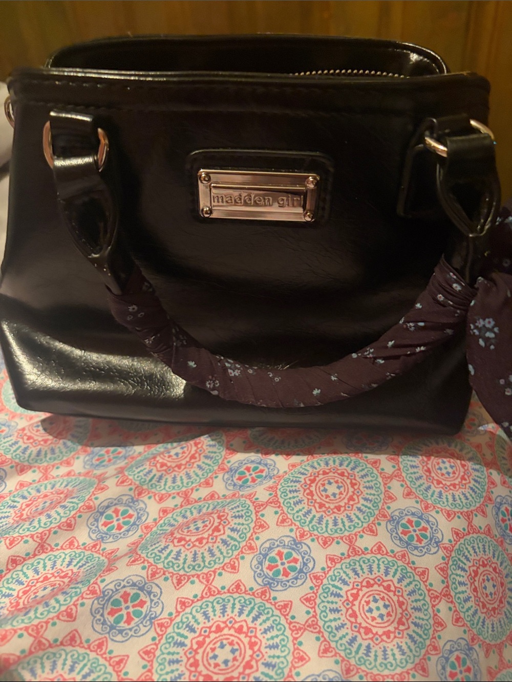 Madden Girl Black Patent Satchel with Floral Scarf Accent